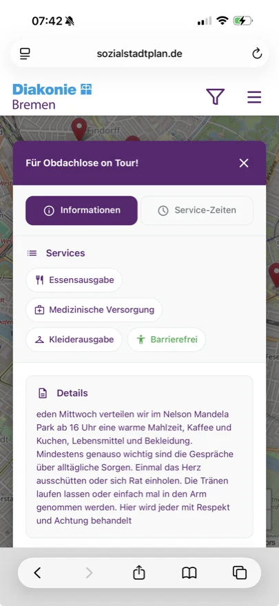 Detailansicht eines Angebots: „Für Obdachlose on Tour“ mit Service-Symbolen und Beschreibung