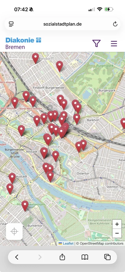 Sozialstadtplan Bremen – Kartenansicht mit Hilfsangeboten in Bremen-Mitte